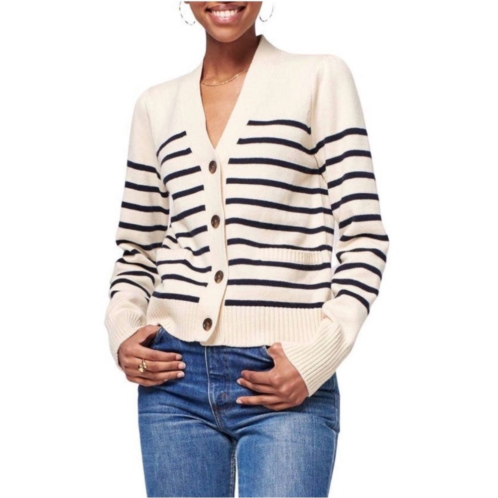 Faherty Cream Cardigan with Navy Stripes